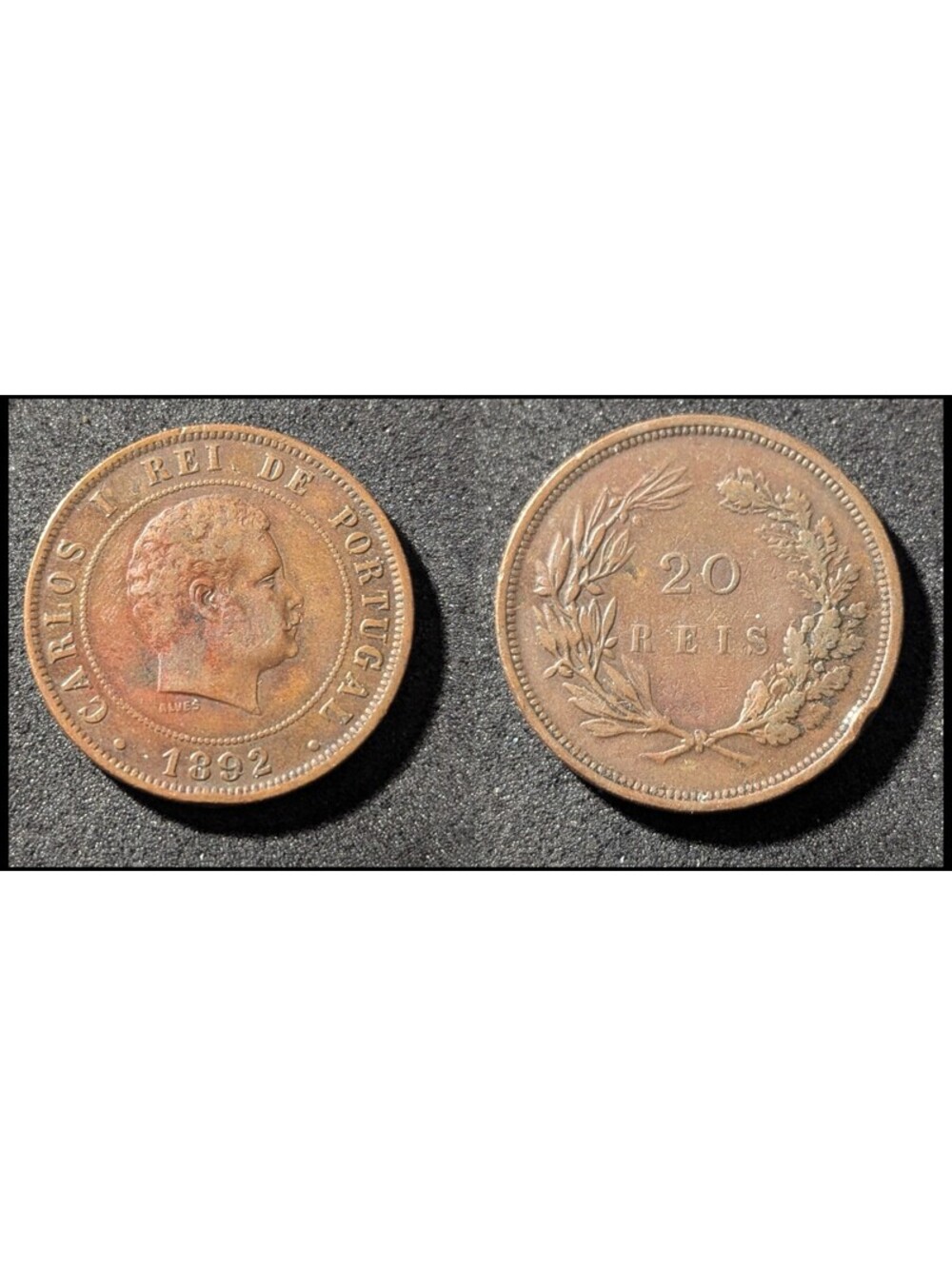 1892 PORTUGAL King Antique VINTAGE 20 Reis Portuguese Coin Rare